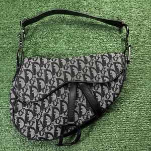 Christian Dior Vintage Trotter Monogram Saddle Bag Shoulder Gray Silver Canvas